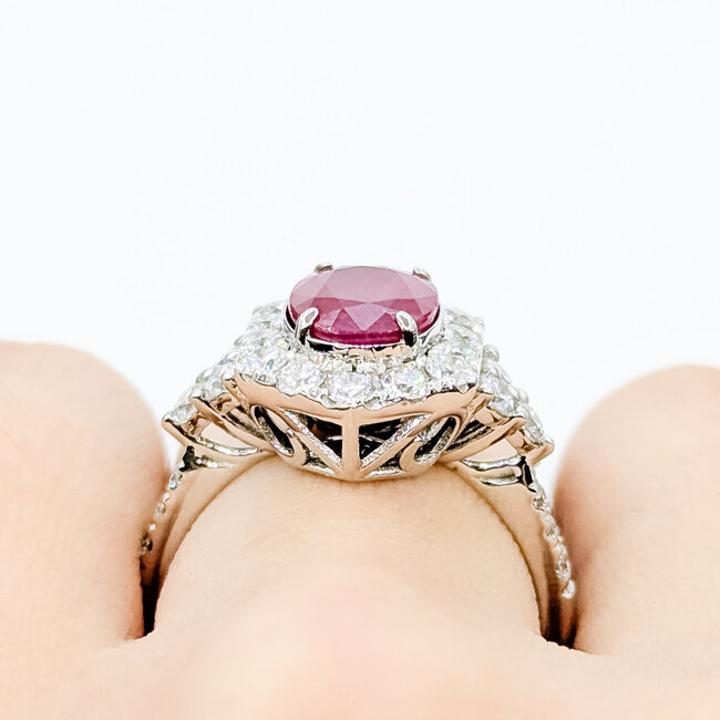 Ring Halo 0.92ctw Round Diamonds 1.99ctw Burma Red Ruby PLAT 15mm Sz6.5 16.7g 225110131