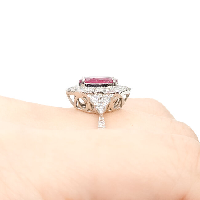 Ring Halo 0.92ctw Round Diamonds 1.99ctw Burma Red Ruby PLAT 15mm Sz6.5 16.7g 225110131