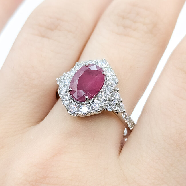 Ring Halo 0.92ctw Round Diamonds 1.99ctw Burma Red Ruby PLAT 15mm Sz6.5 16.7g 225110131