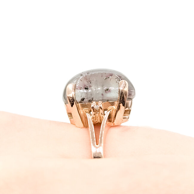 Ring Unique 0.01ctw Round Diamonds 6.3ct Grey Catseye Quartz 14ky 16mm Sz8 8.2g 225110031