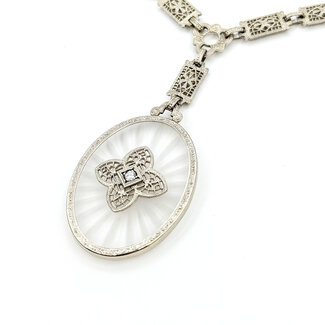 Necklace Filigree Kampfer Glass .03ctw Old Euro Cut Diamonds 10kw 1.75x1.4" 15" 10.32g 225110078