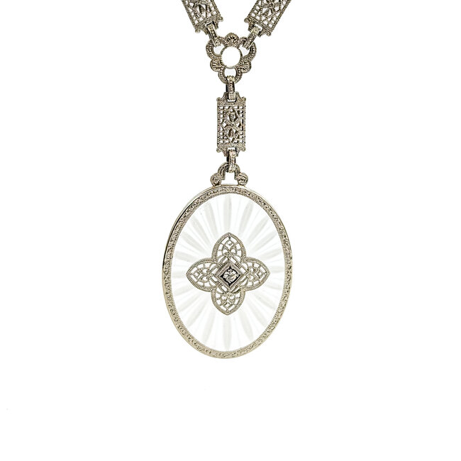 Necklace Filigree Kampfer Glass .03ctw Old Euro Cut Diamonds 10kw 1.75x1.4" 15" 10.32g 225110078