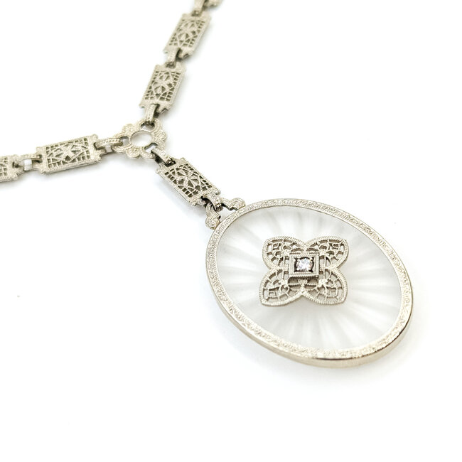 Necklace Filigree Kampfer Glass .03ctw Old Euro Cut Diamonds 10kw 1.75x1.4" 15" 10.32g 225110078
