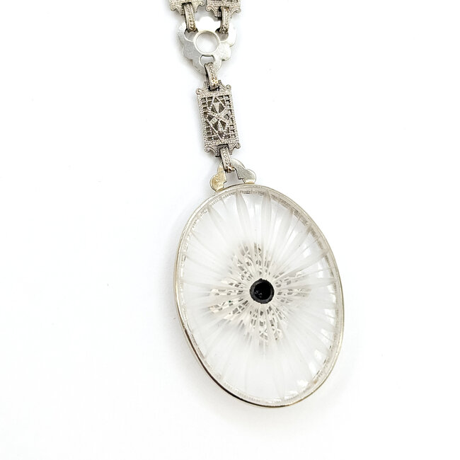 Necklace Filigree Kampfer Glass .03ctw Old Euro Cut Diamonds 10kw 1.75x1.4" 15" 10.32g 225110078