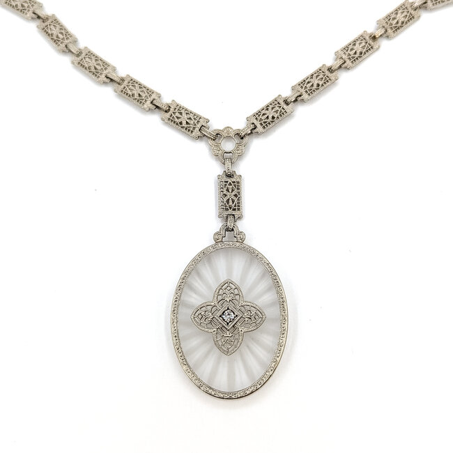 Necklace Filigree Kampfer Glass .03ctw Old Euro Cut Diamonds 10kw 1.75x1.4" 15" 10.32g 225110078