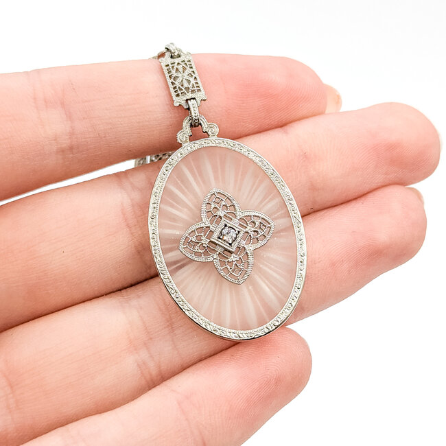 Necklace Filigree Kampfer Glass .03ctw Old Euro Cut Diamonds 10kw 1.75x1.4" 15" 10.32g 225110078