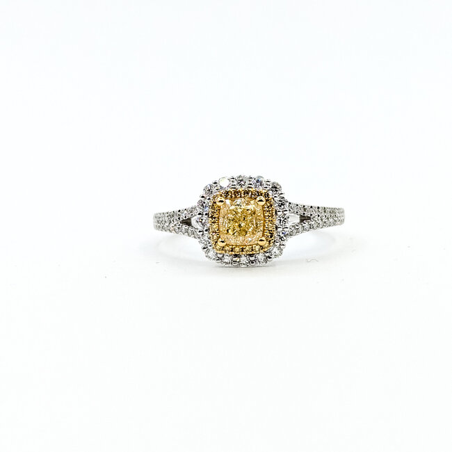 Ring Halo 0.47ctw, 0.61ct yellow center Round Diamonds 18kw 9x9mm Sz7 3.86g 225110144