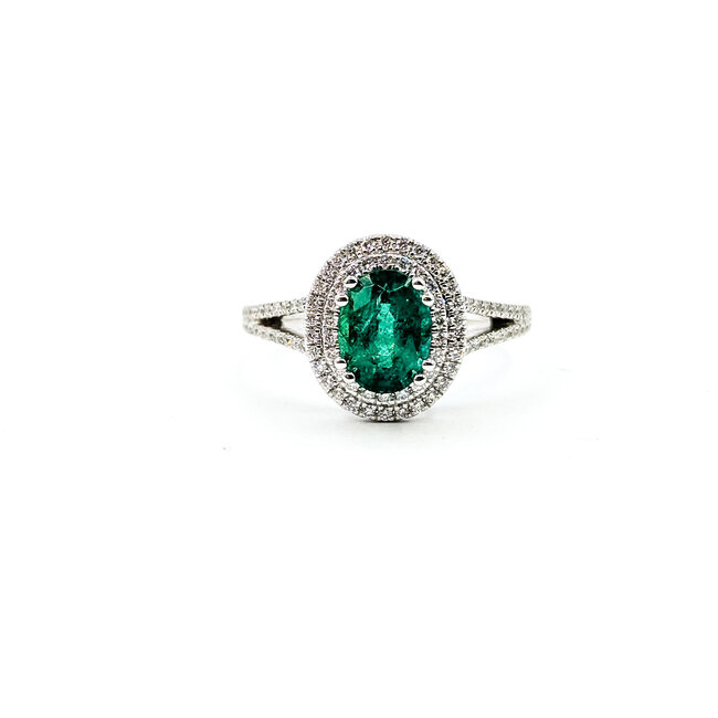 Ring Double Halo 0.40ctw Round Diamonds 1.20ctw Emerald 14kw 12mm Sz7 4g 225110145