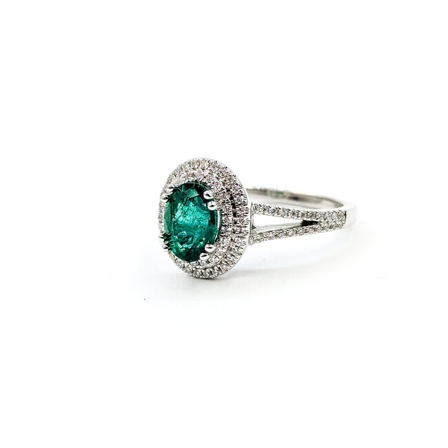 Ring Double Halo 0.40ctw Round Diamonds 1.20ctw Emerald 14kw 12mm Sz7 4g 225110145
