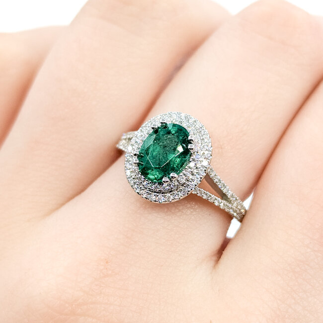 Ring Double Halo 0.40ctw Round Diamonds 1.20ctw Emerald 14kw 12mm Sz7 4g 225110145