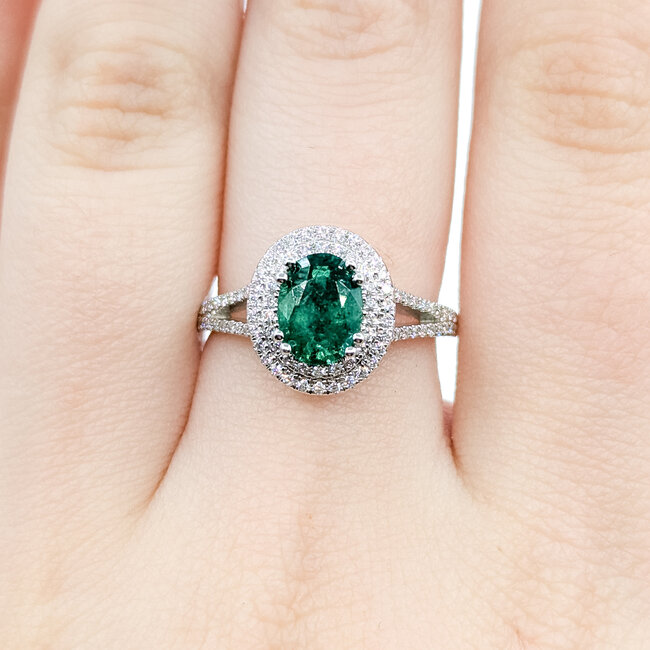 Ring Double Halo 0.40ctw Round Diamonds 1.20ctw Emerald 14kw 12mm Sz7 4g 225110145