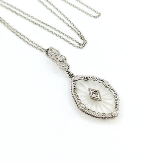 Necklace Filigree Kampfer Glass .02ct Round Diamond 14kw 1.5x.75" 15.5" 2.9g 225110081