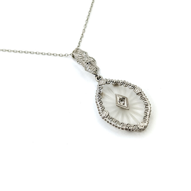 Necklace Filigree Kampfer Glass .02ct Round Diamond 14kw 1.5x.75" 15.5" 2.9g 225110081