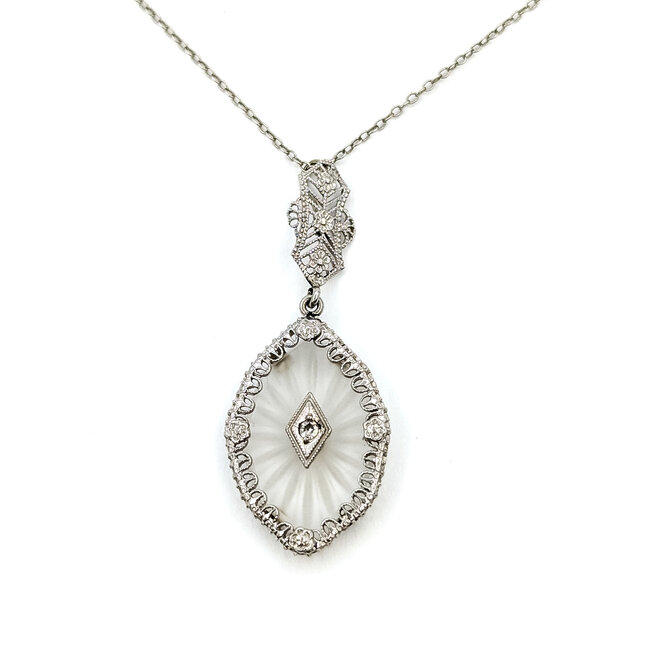 Necklace Filigree Kampfer Glass .02ct Round Diamond 14kw 1.5x.75" 15.5" 2.9g 225110081