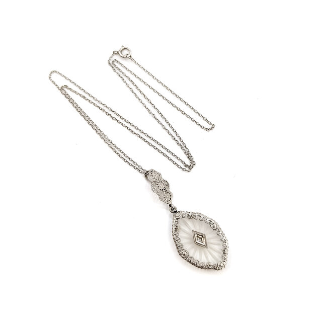 Necklace Filigree Kampfer Glass .02ct Round Diamond 14kw 1.5x.75" 15.5" 2.9g 225110081