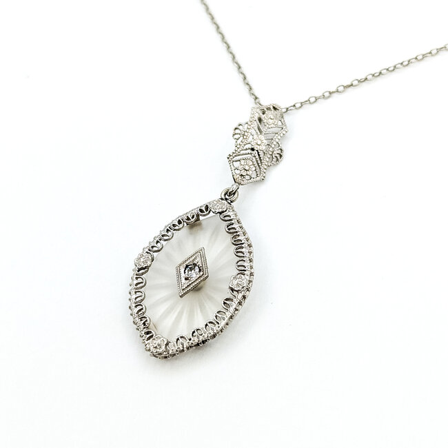 Necklace Filigree Kampfer Glass .02ct Round Diamond 14kw 1.5x.75" 15.5" 2.9g 225110081
