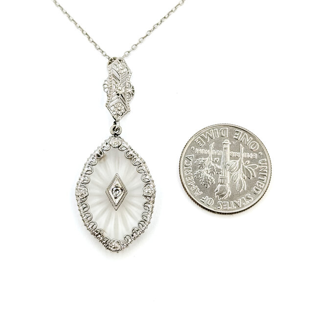 Necklace Filigree Kampfer Glass .02ct Round Diamond 14kw 1.5x.75" 15.5" 2.9g 225110081