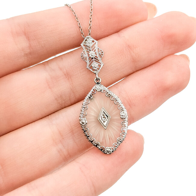 Necklace Filigree Kampfer Glass .02ct Round Diamond 14kw 1.5x.75" 15.5" 2.9g 225110081