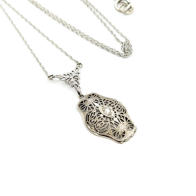 Necklace Filigree .03ct Old Mine Cut Diamond 14kw 1.5x.6" 18" 2.87g 225110080