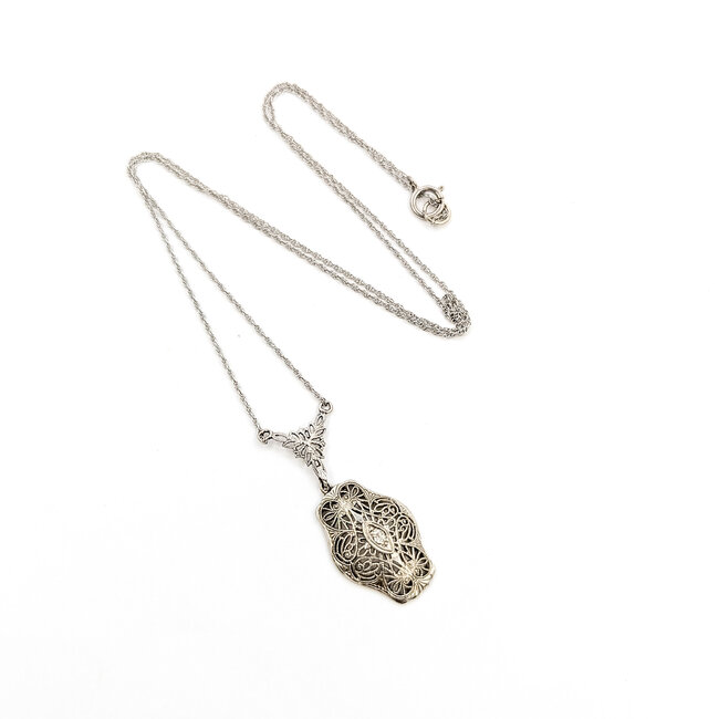 Necklace Filigree .03ct Old Mine Cut Diamond 14kw 1.5x.6" 18" 2.87g 225110080