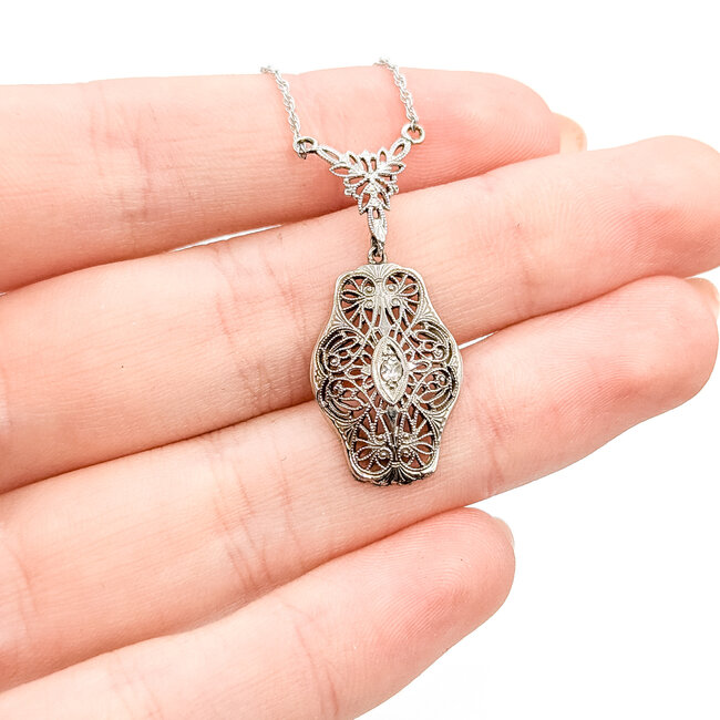 Necklace Filigree .03ct Old Mine Cut Diamond 14kw 1.5x.6" 18" 2.87g 225110080