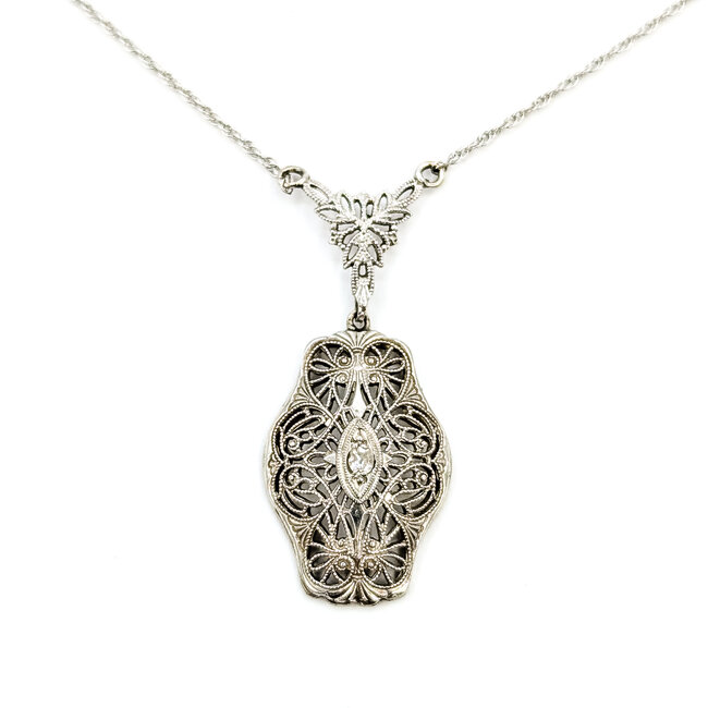 Necklace Filigree .03ct Old Mine Cut Diamond 14kw 1.5x.6" 18" 2.87g 225110080