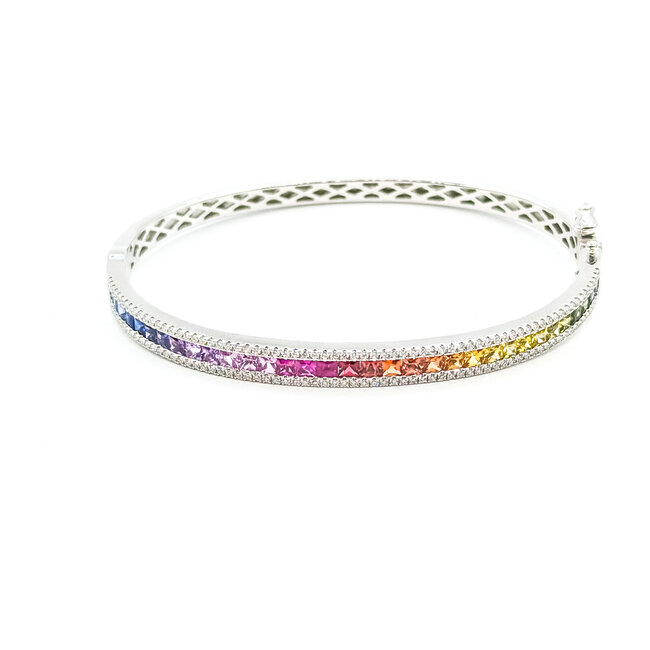 Bracelet Bangle Channel 0.66ctw Round Diamonds 3.35ctw Rainbow Sapphire 14kw 7.25" 15.7g 225110137