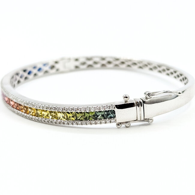 Bracelet Bangle Channel 0.66ctw Round Diamonds 3.35ctw Rainbow Sapphire 14kw 7.25" 15.7g 225110137