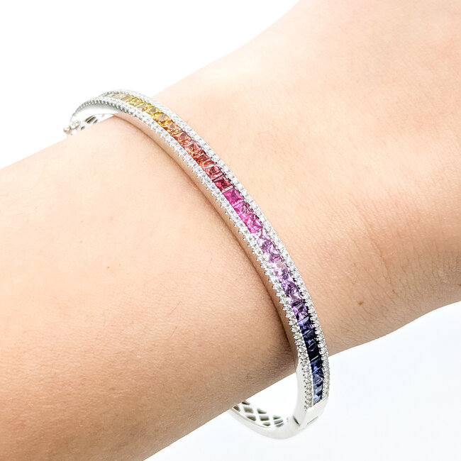 Bracelet Bangle Channel 0.66ctw Round Diamonds 3.35ctw Rainbow Sapphire 14kw 7.25" 15.7g 225110137