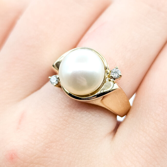 Ring Cocktail 0.07ctw Round Diamonds 10mm Pearl 14ky 12mm Sz6.75 9.2g 225110028