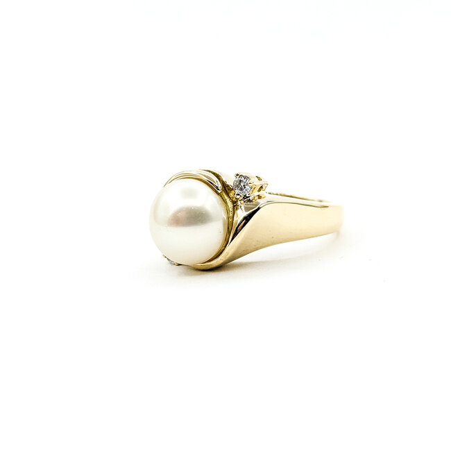 Ring Cocktail 0.07ctw Round Diamonds 10mm Pearl 14ky 12mm Sz6.75 9.2g 225110028