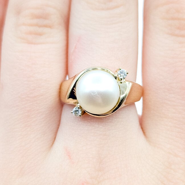 Ring Cocktail 0.07ctw Round Diamonds 10mm Pearl 14ky 12mm Sz6.75 9.2g 225110028