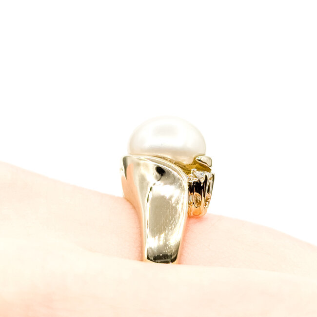 Ring Cocktail 0.07ctw Round Diamonds 10mm Pearl 14ky 12mm Sz6.75 9.2g 225110028