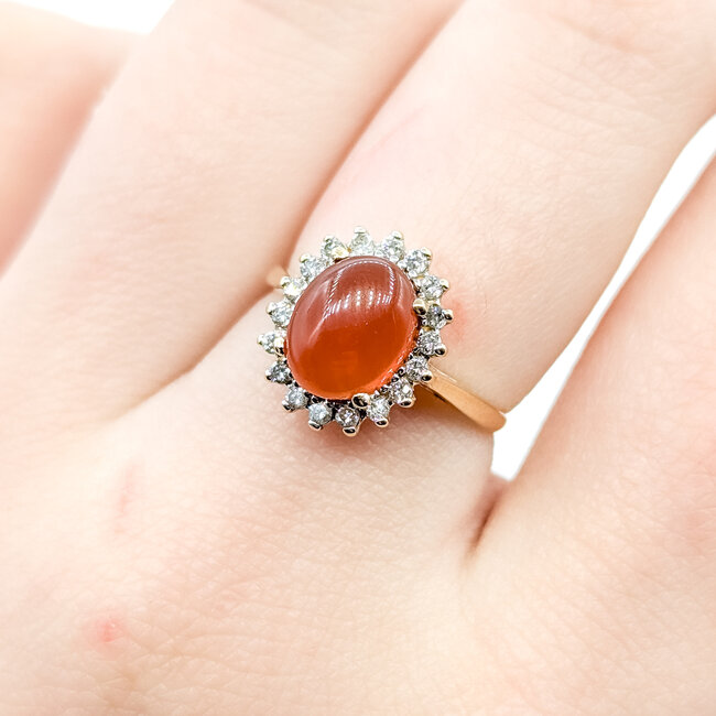 Ring Halo Cabochon 0.15ctw Round Diamonds 1ct Carnelian 14ky 12.5mm Sz6.5 2.63g 225110003