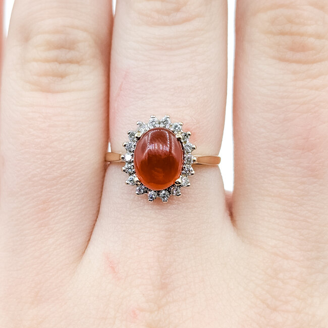 Ring Halo Cabochon 0.15ctw Round Diamonds 1ct Carnelian 14ky 12.5mm Sz6.5 2.63g 225110003