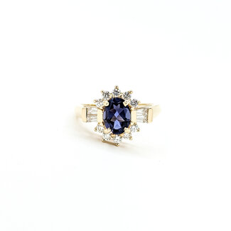 Ring Cluster Halo 0.56ctw Round & Baguette Diamonds .95ct Iolite 14ky 13.4mm Sz6.5 5.2g 225110009