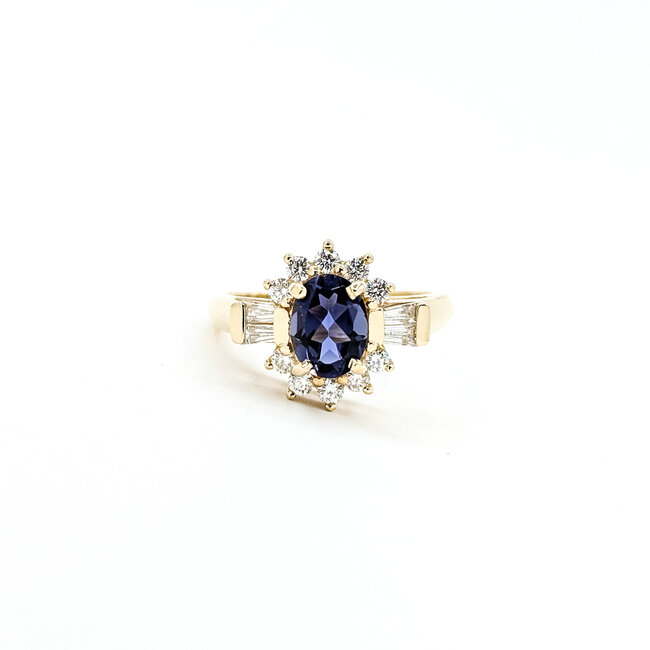 Ring Cluster Halo 0.56ctw Round & Baguette Diamonds .95ct Iolite 14ky 13.4mm Sz6.5 5.2g 225110009