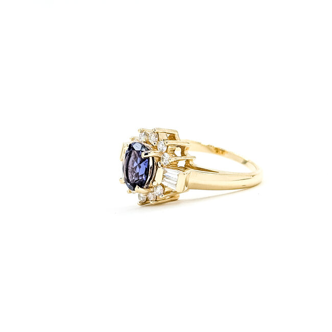 Ring Cluster Halo 0.56ctw Round & Baguette Diamonds .95ct Iolite 14ky 13.4mm Sz6.5 5.2g 225110009