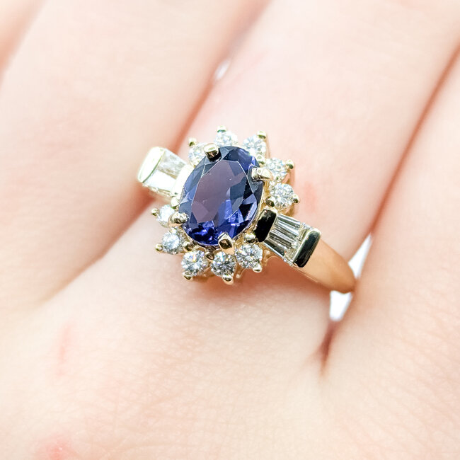 Ring Cluster Halo 0.56ctw Round & Baguette Diamonds .95ct Iolite 14ky 13.4mm Sz6.5 5.2g 225110009