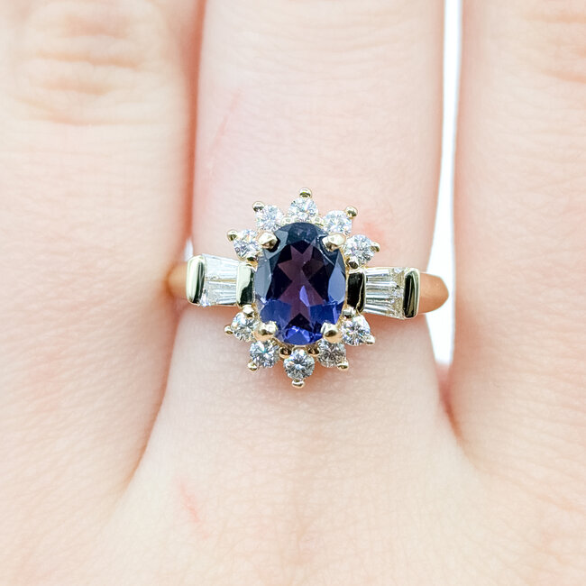 Ring Cluster Halo 0.56ctw Round & Baguette Diamonds .95ct Iolite 14ky 13.4mm Sz6.5 5.2g 225110009