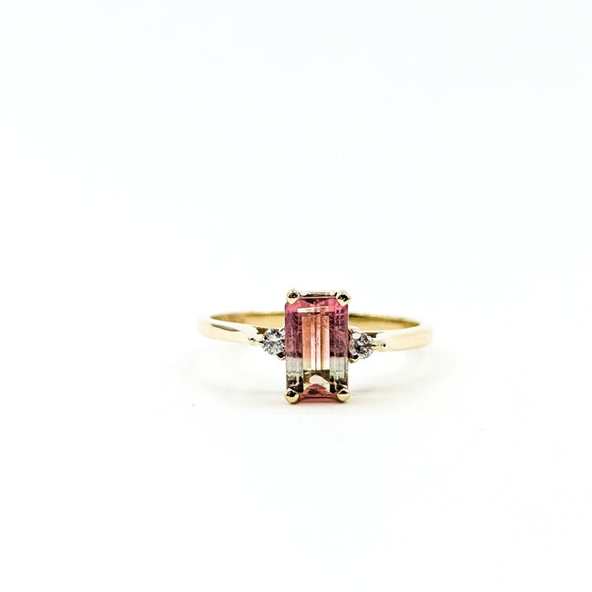 Ring Accented Solitaire 0.01ctw Round Diamonds 1.2ct Watermellon Tourmaline 14ky 7.6mm Sz7.25 2.53g 225110019