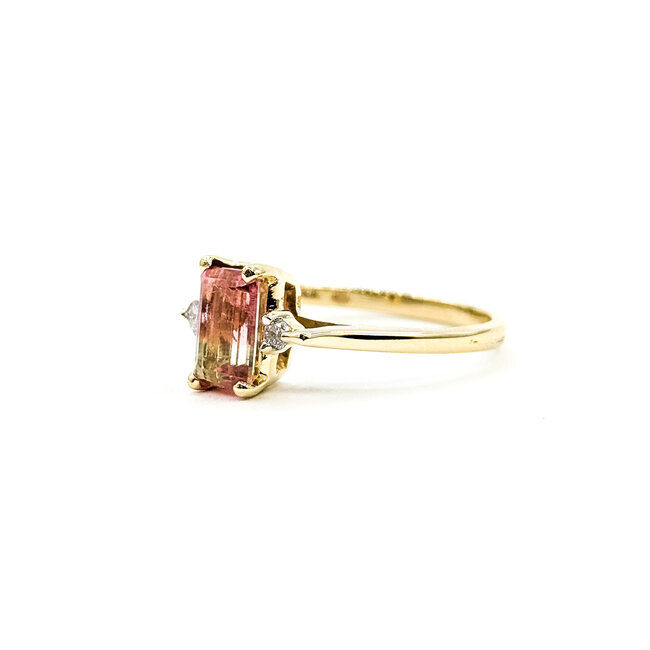Ring Accented Solitaire 0.01ctw Round Diamonds 1.2ct Watermellon Tourmaline 14ky 7.6mm Sz7.25 2.53g 225110019