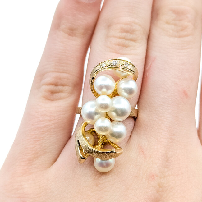 Ring Cocktail 0.03ctw Round Diamonds 4.8mm-7mm Pearl 14ky 33mm Sz5 10.7g 225110030