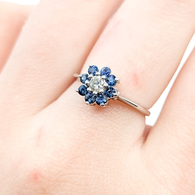 Ring Flower 0.15ctw Round Diamonds .40ctw Sapphire 14kw 9mm Sz6.75 2.2g 225110017