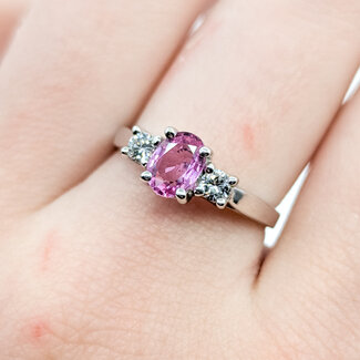 Ring Accented Solitaire 0.2ctw Round Diamonds .80ct Pink Topaz 14kw 6.8mm Sz7.25 2.9g 225110005