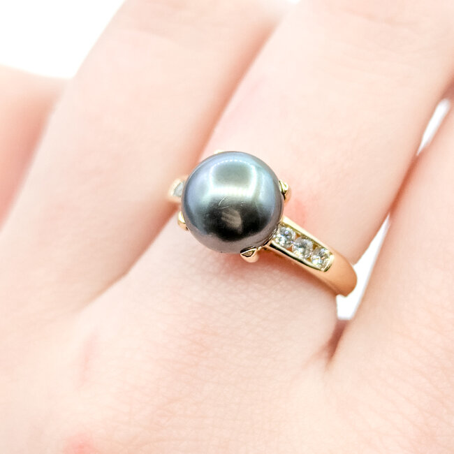 Ring 0.18ctw Round Diamonds 9mm Tahitian Pearl 14ky 9mm Sz6.5 4.5g 225110029