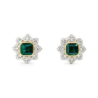 Earrings Omega Back Star 1.37ctw Round Diamonds 5.26ctw Emerald Plat & 18ky 18x18mm 11.7g 225110127