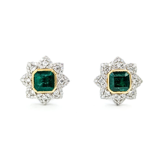 Earrings Omega Back Star 1.37ctw Round Diamonds 5.26ctw Emerald Plat & 18ky 18x18mm 11.7g 225110127