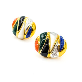 Earrings Omega Back .20ctw Round Diamonds 14x6mm Lapis, MOP, Onyx, Malachite, Coral 14ky 1.1x.75" 16.54g 225120007