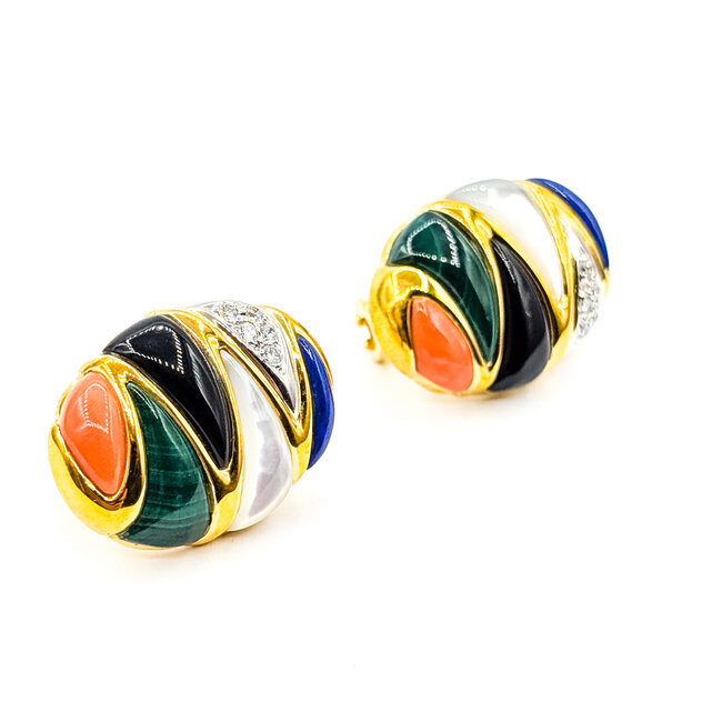 Earrings Omega Back .20ctw Round Diamonds 14x6mm Lapis, MOP, Onyx, Malachite, Coral 14ky 1.1x.75" 16.54g 225120007